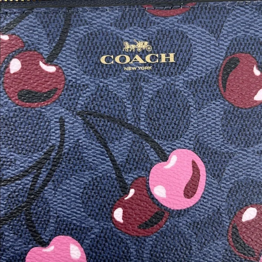 Coach Corner Zip Wristlet In Signature Canvas With Cherry Print Wallet Bag Purse